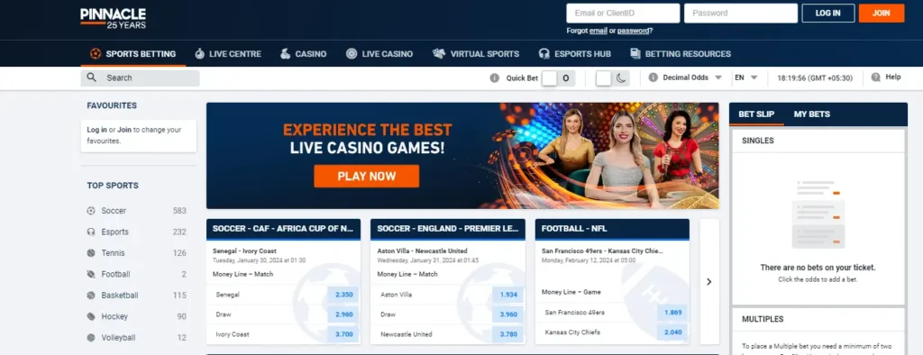 Pinnacle betting platform Home page